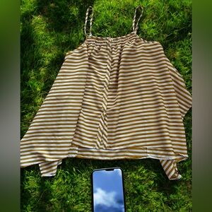 👛 (ANY 2/$15) COSTA BLANCA Gold/White Horiz paghetti Straps Asymmetrical Top